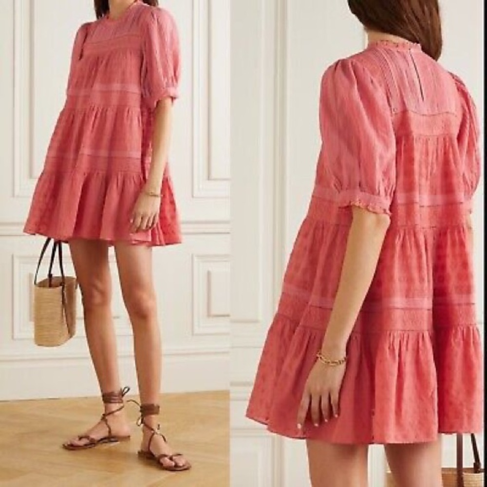 Doen Nerine Embroidered Tiered Organic Cotton Mini Dress Mirage Pink Small S